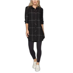 Athleta Trail To Town Black White Plaid LS Button Down Shirt Dress Tunic Size XS